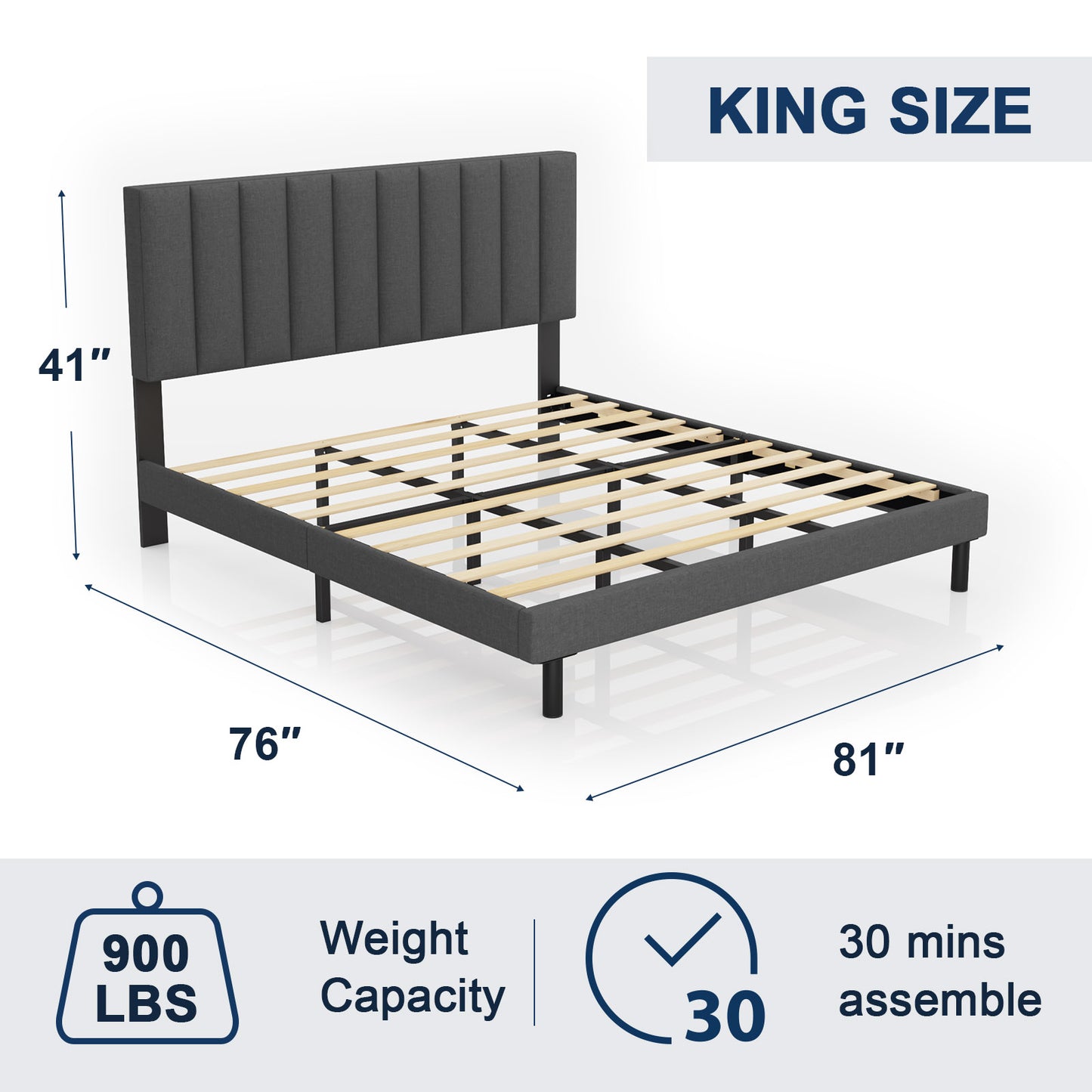 HAIIDE Bed Frame with Fabric Upholstered Headboard - 6903