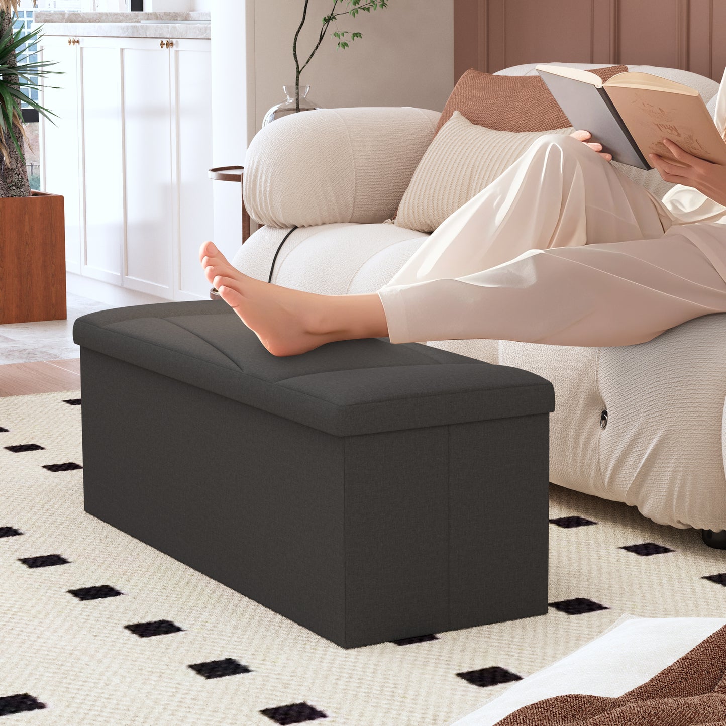 Ottoman with Storage, ZETDIY 43" Linen Ottoman Storage Bench with 660lb Capacity, Black